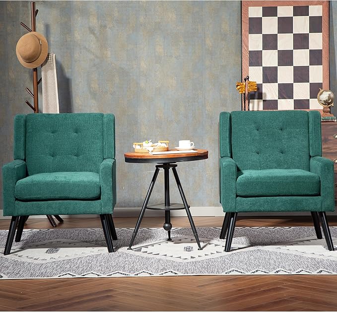 Mid-Century Modern Accent Chair Set of 2 Plush Linen Fabric with Button Tufted High Back &amp 5 Thick Cushion High Comfort Reading Chair for Living Room Bedroom Office (Green)