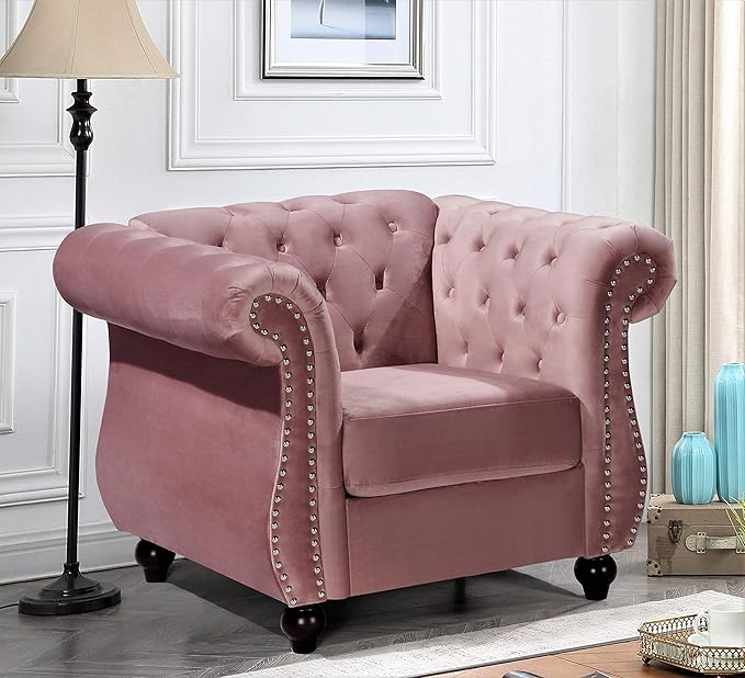Feinstein Modern Velvet Chesterfield Couches for Living Room with Nailheads Diamond Tufting &amp Durable Metal Frame Chair Rose