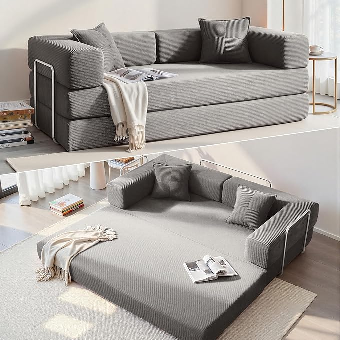 YINIX Foldable Sofa Bed 78'' Folding Floor Couch Compressed Convertable Sleeper Sofa Memory Foam Couch with Pillow Back Support Armrest 4-in-1 Futon Sofa Bed for Living Room Grey
