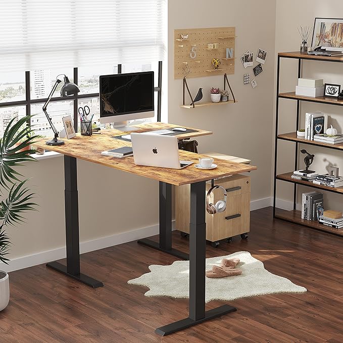 BANTI Triple Motors 63 L Shaped Standing Desk Height Adjustable Electric Stand up Corner Desk Sit Stand Home Office Desk Computer Workstation with Memory Preset Rustic Brown Top