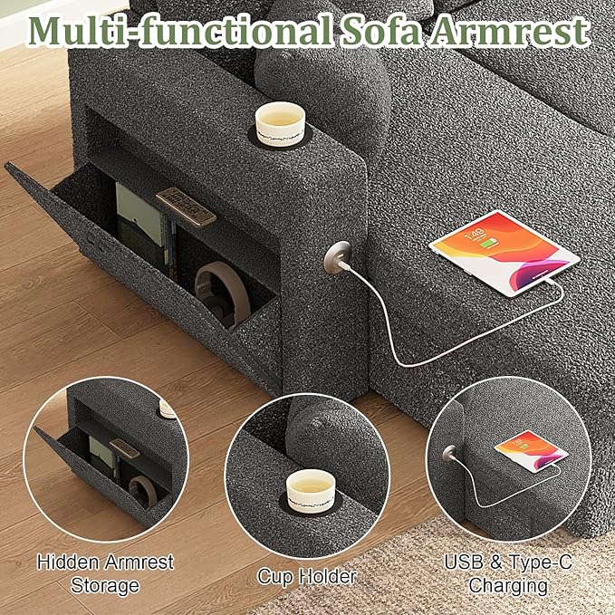 82 Inch L-Shape Sectional Couch 4-in-1 Multifunctional Pull-Out Couch Sleeper Sofa with Storage Chaise Charging Station Cup Holder for Living Room/Office/Apartment (Dark Gray)