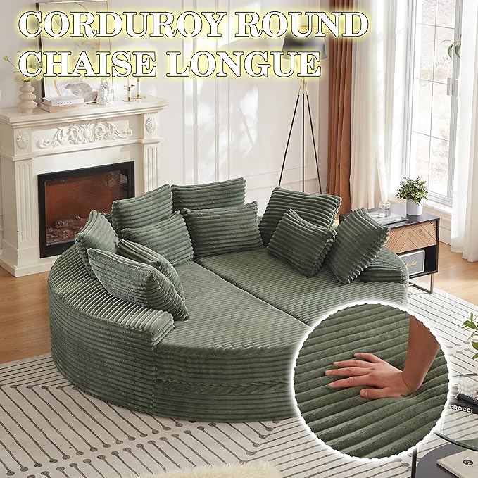 78.5 Corduroy Boneless Round Oversized Sofa Converts into Two Recliners 2-in-1 Sofa Bed Convertible Lounge Chair Neck Pillow Design with Five Throw Pillows (Green Full Circular Sofa)