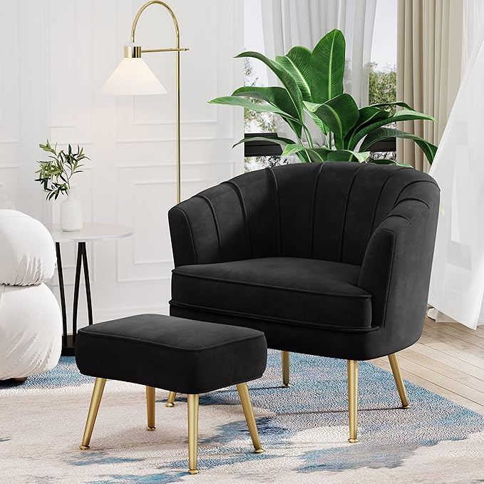Andeworld Velvet Accent Chair with Ottoman Upholstered Modern Single Sofa Side ChairComfy Barrel Club Living Room Armchair with Golden Metal Legs for Bedroom Living Reading Room Office Black