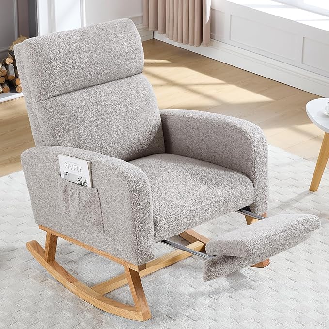 Rocking Chair Nursery with Foot Rest Teddy Nursing Rocking Chairs for Mom Nursery Rocker Glider Chair with Footrest for Living Room Bedroom Light Gray