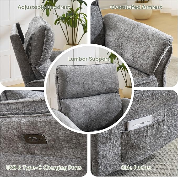 Oversized Power Recliner Chair Swivel Glider with Massage and Heat Rocker Nursery Recliner for Adults with Adjustable Headrest 26 Extra Wide Nursery Chair with Overstuffed Armrest Dark Grey
