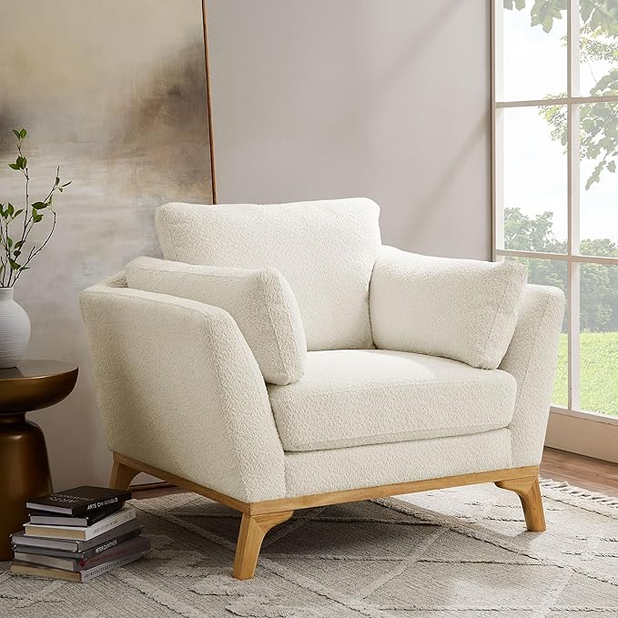 VANOMi Large-Sized Accent Chair Thick Cushion Bedroom Reading Chair Comfortable Living Room Single Sofa Boucle Milky White