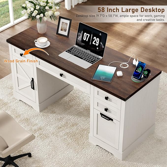 58'' Farmhouse Home Office Desk with Drawers Wooden Executive Desk with Charging Station File Drawers and Storage Cabinet Computer Desk for Work Study and Writing Rustic White