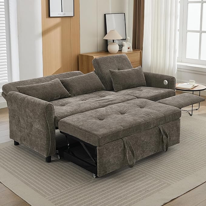ERYE L-Shaped Reversible Recliner Sectional Sofa Chenille Upholstered Pull Out Convertible Sofabed with Pull Out Sleeper Couch Bed and Recliner Chaise Lounge and USB-C Ports