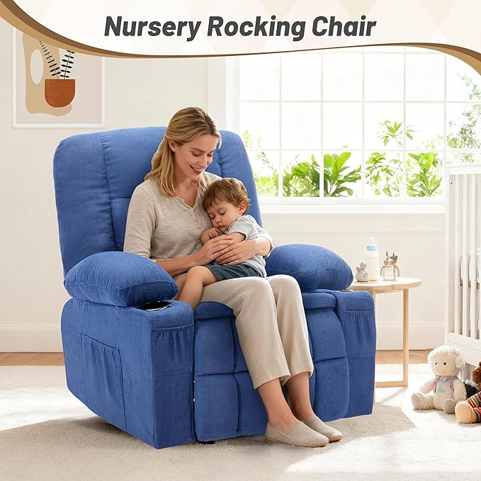Rocker Recliner Chair with Massage and Heat Nursery Rocking Chairs for Living Room Recliner Chair for Adults Ergonomic Comfy Relining Chair with Cup Holders USB Charge Port Side Pockets Blue