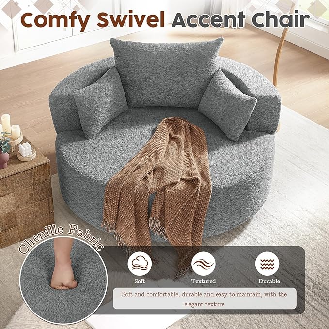 Antetek 360-Degree Swivel Accent Chair Oversized Modern Comfy Chenille Round Swivel Chaise Lounge Sofa Chair with Backrest Cushion &amp 2 Throw Pillows for Living Room Bedroom Office Gray