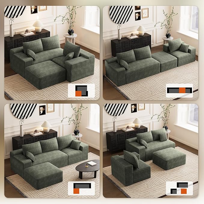 Modular Sectional Sofa Cloud Couch 108'' Comfy U Shaped Sectional Couches for Living Room Deep Seat Cozy Fluffy Corduroy Boneless Couch Sectionals Sofa with Movable Ottomanm Olive Green