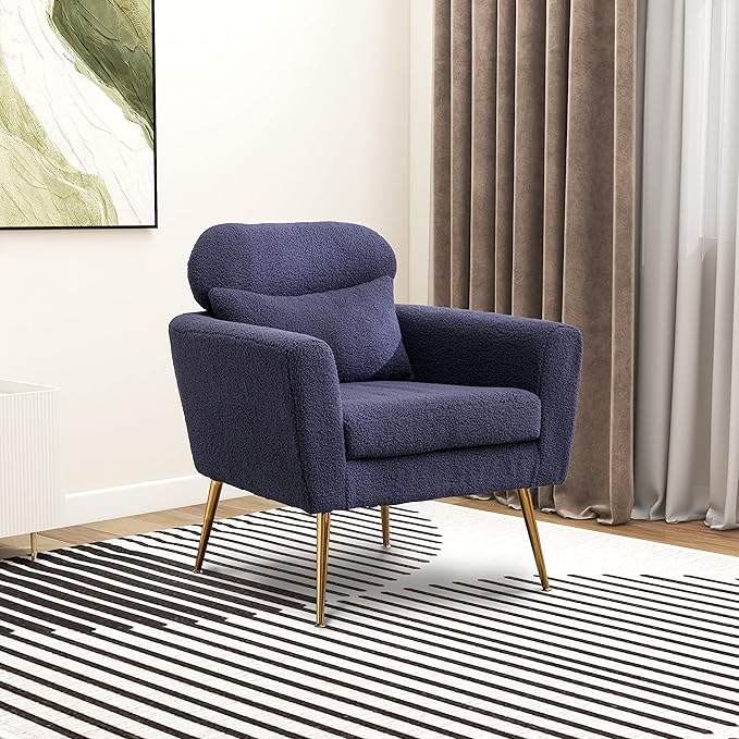 29.5 W Modern Boucle Accent Chair Armchair Upholstered Reading Chair Single Sofa Leisure Club Chair with Gold Metal Leg and Throw Pillow for Living Room Bedroom Dorm Room Office Navy Boucle
