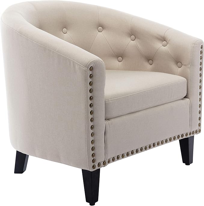 Linen Fabric Tufted Barrel ChairTub Chair for Living Room Bedroom Club Chairs