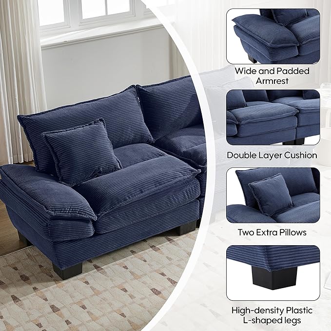 Modern 84 Corduroy Loveseat Sofa Ultra-Comfy Couch with 2 Pillows for Apartment Living Room Bedroom Home Office (Blue)