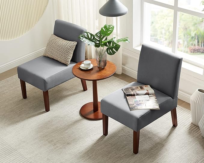 Grey Fabric Accent Chair Set of 2 with Round Wood Table Versatile Side Chair Set for Bedroom Living Room &amp Office