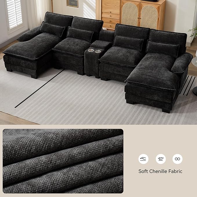 125 U Shaped Sectional Sofa with Storage Console Cup Holders &amp USB Ports Small Modular Deep Seat Cloud Couch Modern Comfy Chenille Sofas for Living Room Black