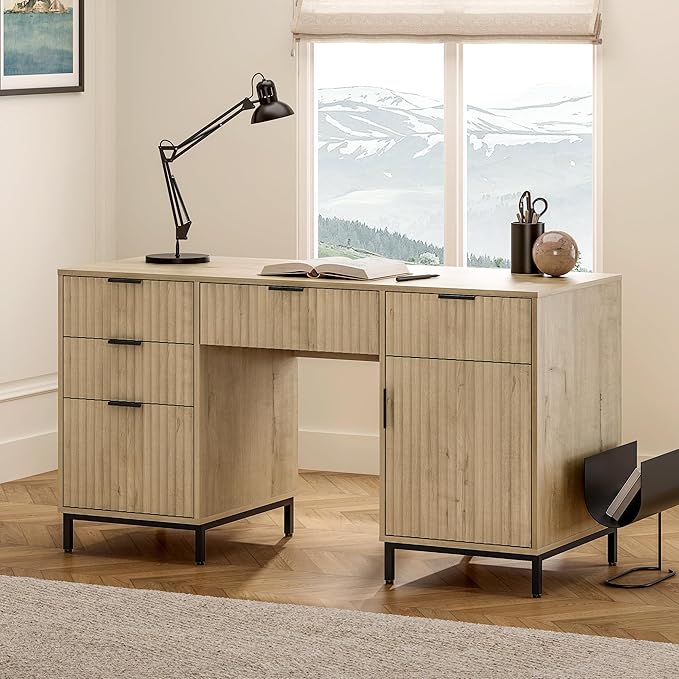55 Large Fluted Executive Desk with File Drawer Computer Desk with Storage and Charging Station Modern Wooden Home Office Desk for Workspace Writing Study Light Oak