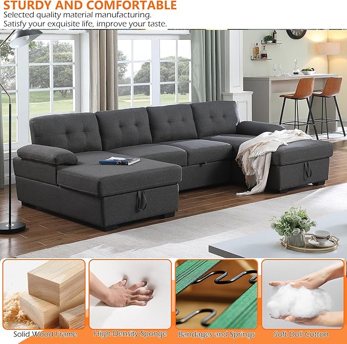 BEEY Sofa Bed 118 Oversized Sleeper Sectional Sofa with Storage Chaise U Shaped Sectional Couch with Pull Out Bed 6 Seater Pull Out Couch Bed for Living Room Bedroom (Dark Grey_4 Seater)