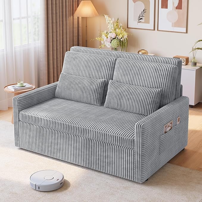 Ahomly 3 in 1 Pull Out Convertible Sofa Bed with 77.2'' Extended Sleeping Length Corduroy Loveseat Sleeper Sofa with Side Pockets Modern Loveseat for Living Room Grey