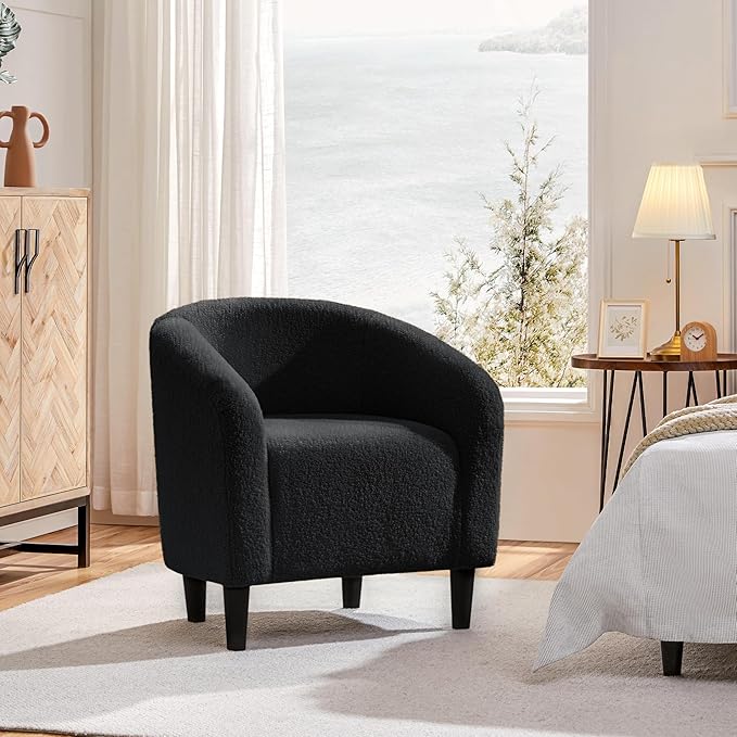 Yaheetech Accent Barrel Chair Boucle Fabric Club Chair Furry Sherpa Elegant Armchair with Cozy Soft Padded Suitable for Living Room Bedroom Reception Office Black