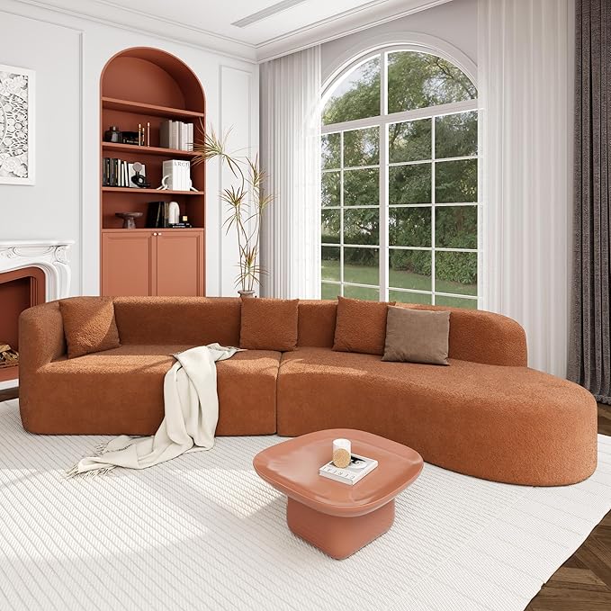 Merax Modern Minimalist Large 2-Piece Sectional Curved Chenille Sofa with 3 Pillows and High-Density Foam for Luxurious Comfort and Seamless for Living Room Bedroom Orange