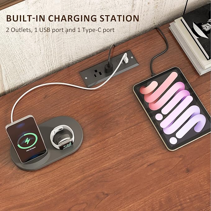Whalefall Farmhouse L Shaped Desk with Drawers 67 Inch Executive Home Office Desk with File Cabinet Computer Corner Desk with Charging Station Cherry Brown