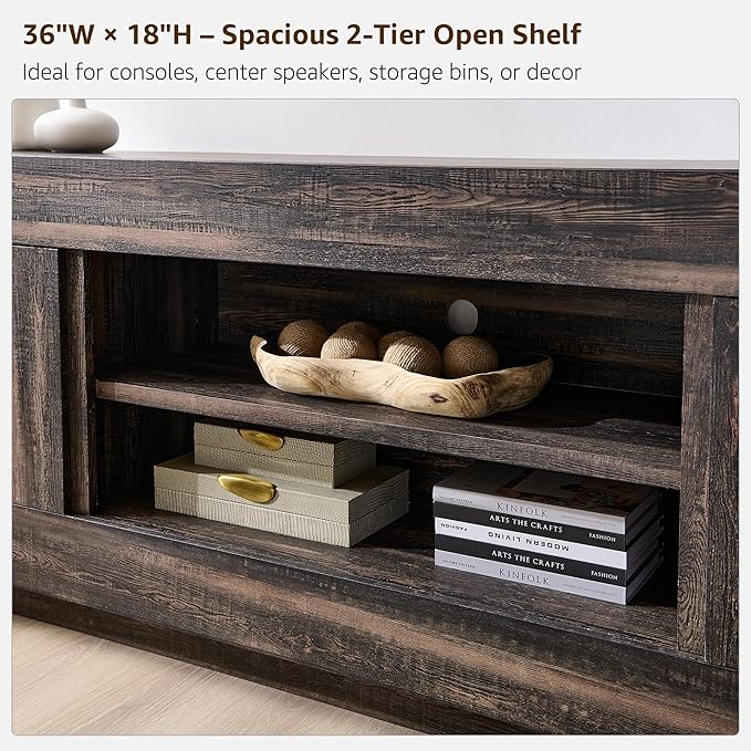 OKD Modern 70 TV Stand Entertainment Center for TVs Up to 80 Media Console with Large Open Storage &amp Side Cabinets Thick Wood Design for Living Room Dark Rustic Oak