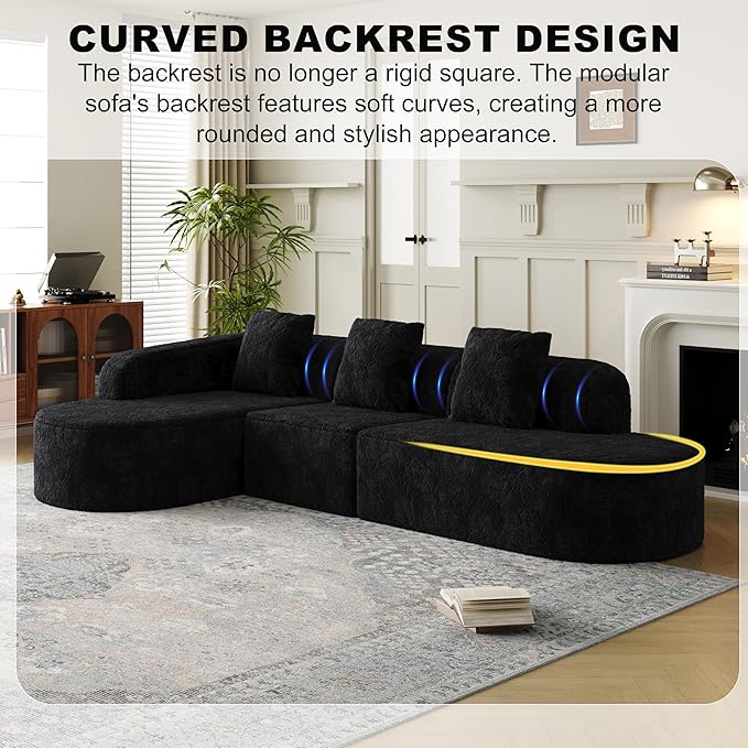2 Piece 111.8“ Boneless L-Shaped Curved Modular 6-Seater Sofa Right Chaise Lounge Featuring Lychee-Textured Long-Pile Polyester Fabric Curved Backrest with Three Pillows