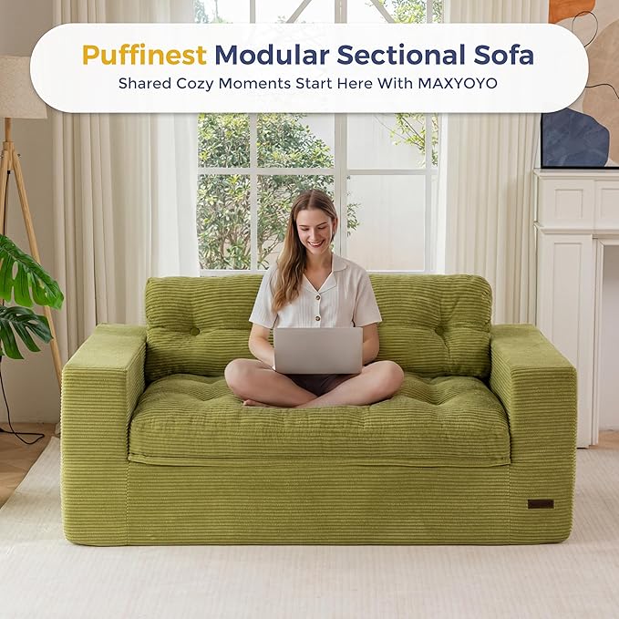 MAXYOYO 63 Boneless Sofa Couch 2-Seater Cloud Couch Floor Loveseat for Small Space with Pillows Tufted Floor Sofa with Layered Cushion for Apartment &amp Lounge No Assembly Required Green