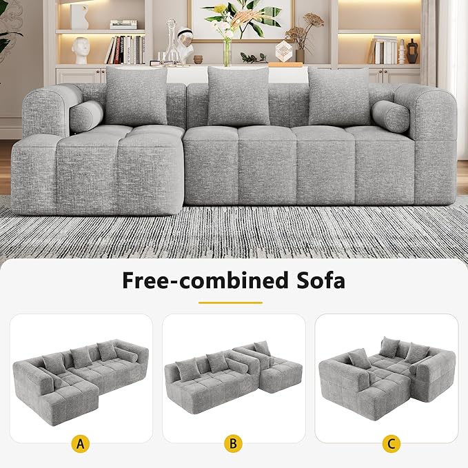 101.2 Sectional Sofa Full-Compressed Modular Couch Free-Combined Sofa with Deep Seating and Two Side Pockets for Living Room Light Grey