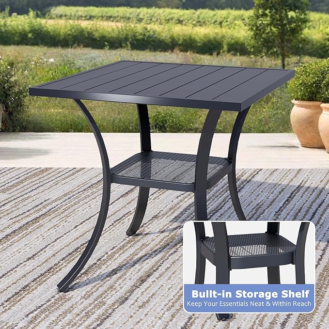27.6 Square Outdoor Patio Table All-Weather Metal Patio Table with Storage ShelfOutdoor Dining Table for Lawn Garden Porch Black