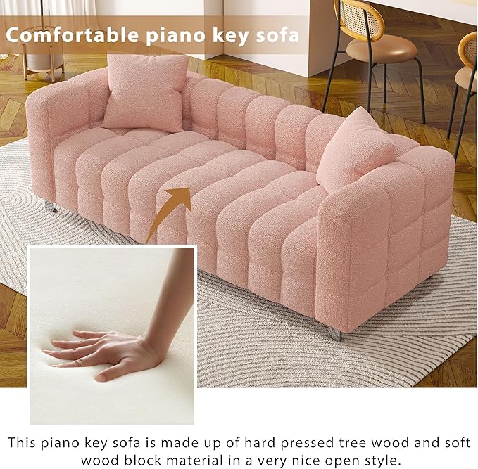87.4'' Modern 3-Seater Sofa Bubble Couch with 2 Pillows for Living RoomTeddy Bouclé Velvet Deep Seat Sofa Couch Fluffy Loveseat Sofa with 6 Metal Base Legs for Bedroom/Home/Office(Pink)