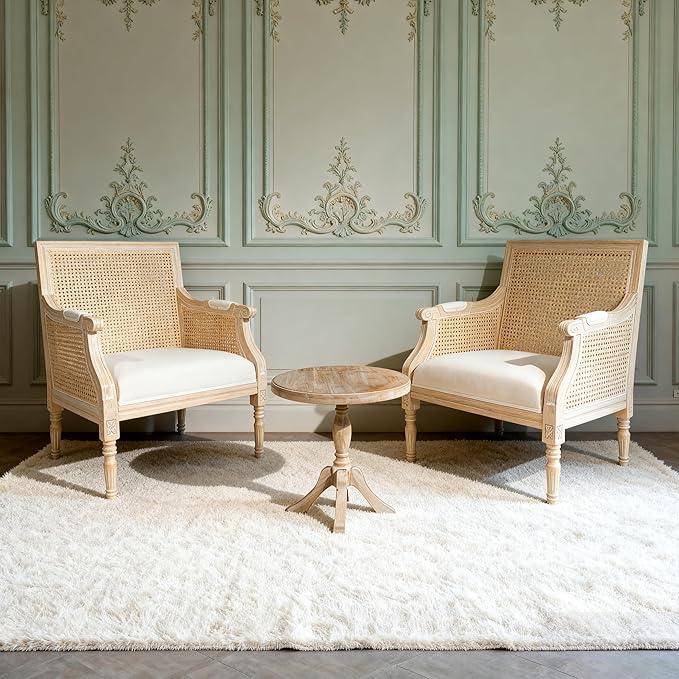 French Accent Chair(Singel) Upholstered Armchair with Vintage Rattan Hollow-Out Back and Solid Rubberwood FrameReading Chair for Living Room Bedroom Farmhouse Balcony Home Office Beige
