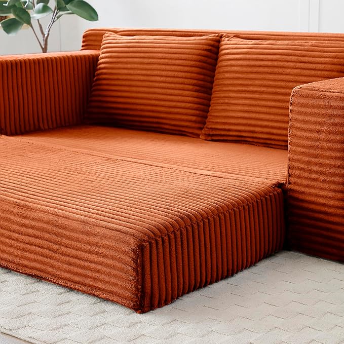 73 Convertible Sofa Bed 2 in 1 Corduroy Folding Couch with Pillows No Assembly Boneless Compression Sofa in Box Loveseat with Side Storage Pocket for Apartment Living Room Orange