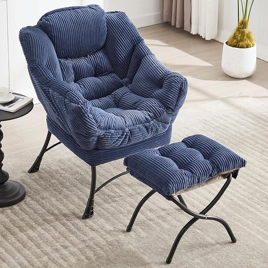 QQU Lazy Chair with Ottoman Corduroy Lounge Armchair Reading Chair with Footrest for Living Room Balcony Study (Navy)
