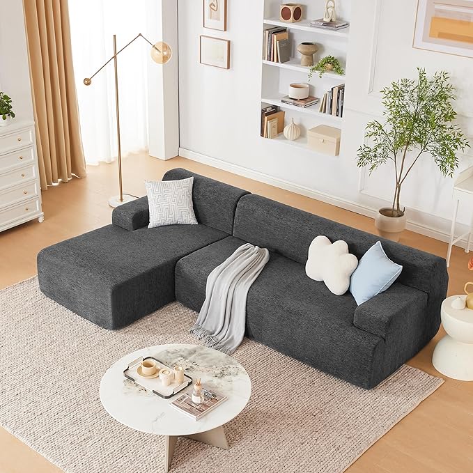 107 Modular Sectional Cloud Couch Boneless couches Sponge sectionals for Living Room High Density Sponges Sofa Modular L-Shape with Chaise Darkgrey