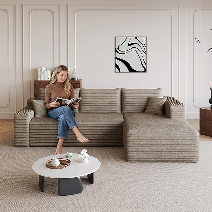 Boneless L-Shaped Modular Couch - 96 Inch Cloud Corduroy Sectional SofaDeep Seating Comfort No Assembly Ideal for Apartments &amp Small Living RoomsCamelRight Facing
