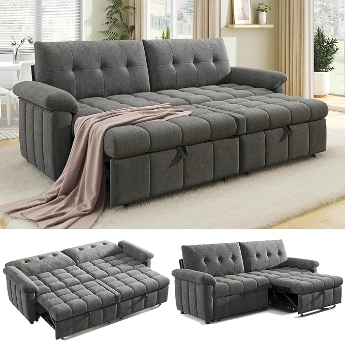 Jocisland 93” 4-in-1 Convertible Sofa Bed Cloud Sleeper Sofa Tufted Chenille 5-Position Adjustable Backrest 10-Minute Tool-Free Assembly Couches for Living Room Guest Room Gray