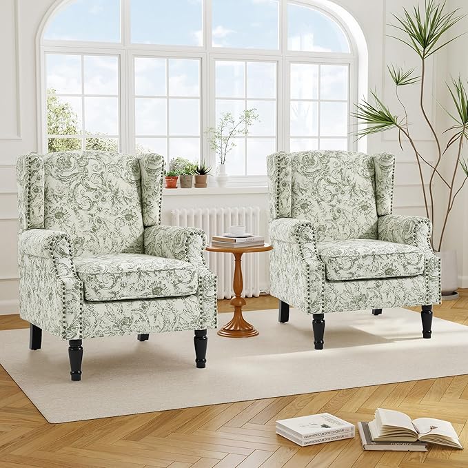 Floral High Back Accent Chair Upholstered Armchair with Solid Wood Legs Comfy Wingback Reading Single Sofa Chair for Small Spaces Living Room Bedroom(Floral Rococo Green Set of 1)