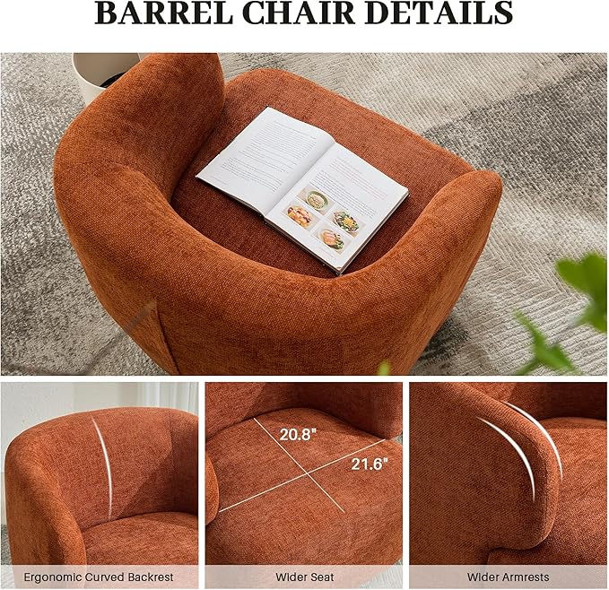 Swivel Accent Chair Upholstered Fabric Barrel Chair Chenille Round Boucle Armchair for Living Room Bedroom Orange