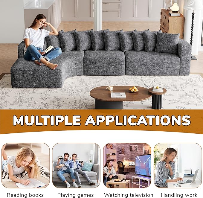 131 Boneless Chenille Sectional L-Shaped Sofa Modern Cloud-Shaped Curved 3-Seater Sofa Includes 10 Pillows Living Room Fabric Corner Couch (Grey 131” Left Chaise)