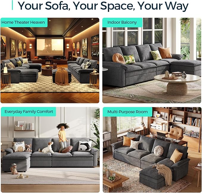 LINSY HOME 2 Seater Seat Modular for sectional Sofa Cloud Sofa Seat with Double Layers Cushions Chenille Couch for Living Room Apartment Home Theater Grey