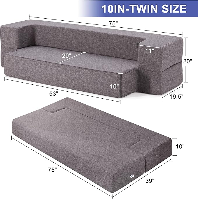 Floor Sofa Bed Convertible Sleeper Lounge Couch Folding Mattress with 2 Pillows &amp Washable Cover for Living Room Guest Playroom 10inches Twin