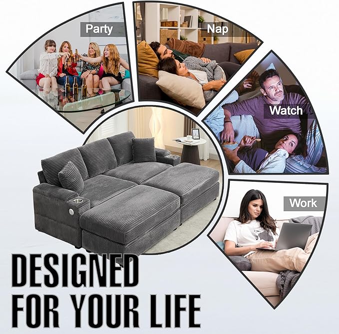 86.6 Sectional Sofa Couch with 2 Ottomans Comfy Corduroy Upholstered Cloud Modular Convertible Couch with Cup Holders and USB Armrest Storage Deep Seat Oversized Loveseat for Living Room (Gray)