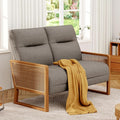 Modern Loveseat Bench Couch with Natural Rattan Arm Upholstered Linen Small Love Seat Sofa 2-Seats Living Room Couch Settee Comfy Lounge Recliner Chair-Taupe