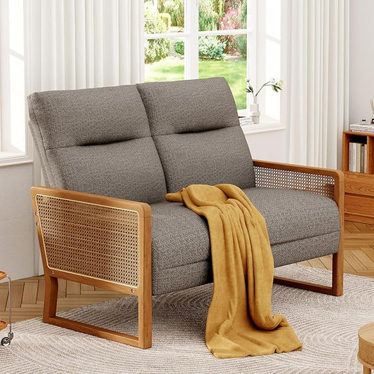 Modern Loveseat Bench Couch with Natural Rattan Arm Upholstered Linen Small Love Seat Sofa 2-Seats Living Room Couch Settee Comfy Lounge Recliner Chair-Taupe