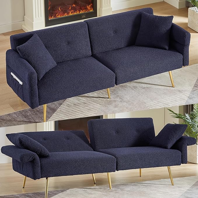 69.5 Convertible Futon Sofa Bed with Adjustable Backrest and Armrests Teddy Upholstered Loveseat Sleeper Couch with 2 Pillows and Metal Legs Love Seat for Guest Room Living Room (Dark Blue)