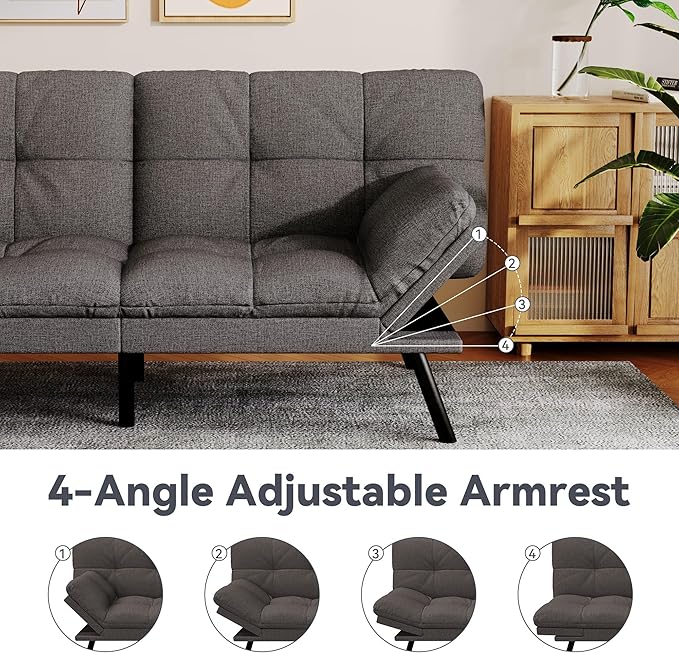 Convertible Futon Sofa BedLinen Futon Couch with Detachable CushionAdjustable Backrest &amp ArmrestModern Small Loveseat Sleeper Recliner for Living RoomOfficeApartmentDark Grey
