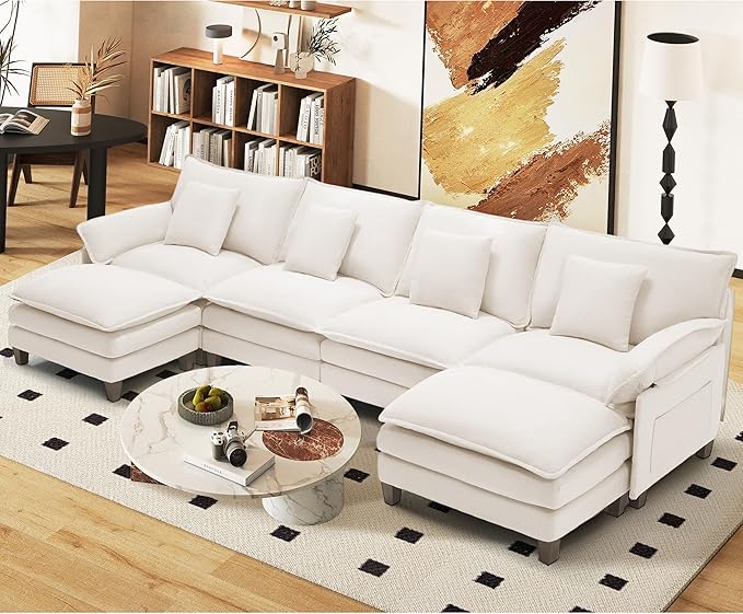 Comfy Cloud Couch with Movable Ottoman Modular Sectional Sofa 140 U Shaped Modern Sofa with Pillows Deep Seat Couches for Living Room Bedroom and Apartment Beige