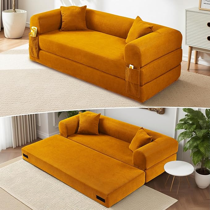 80 Convertible Sofa Bed Corduroy Deep Seat Folding Pull Out Couch with Pillows No Assembly Modern Boneless Couch Compression Sofa in Box Floor Sofa with Storage Pocket for Living RoomYellow
